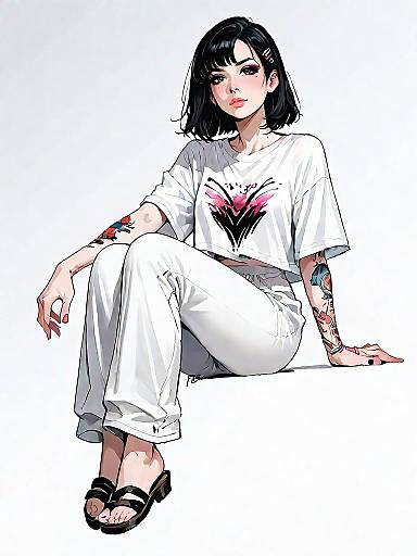 Stylish Woman with Tattoos in White Outfit