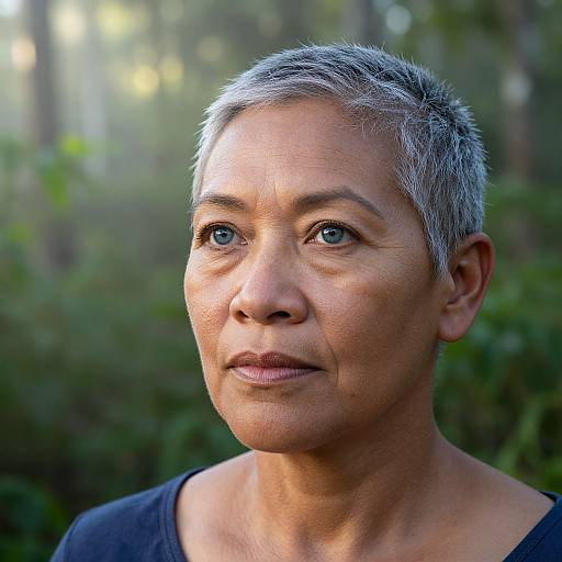 Photograph of an older woman with short, gray hair, light brown skin, blue eyes, wearing a black top, against a blurred green forest background