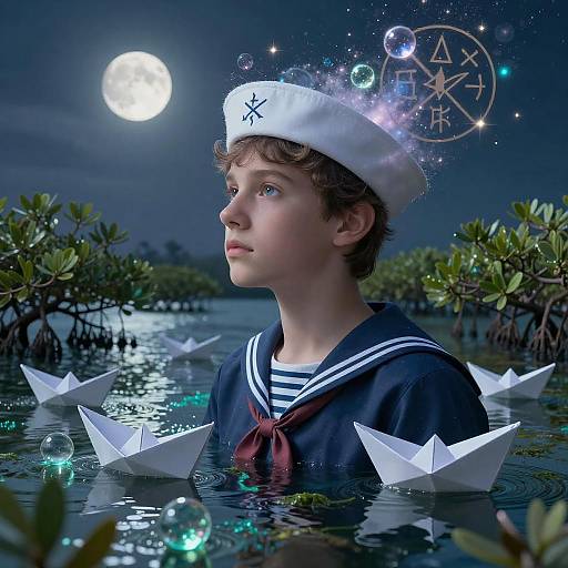 Young Sailor with Paper Boats in Moonlit Mangroves