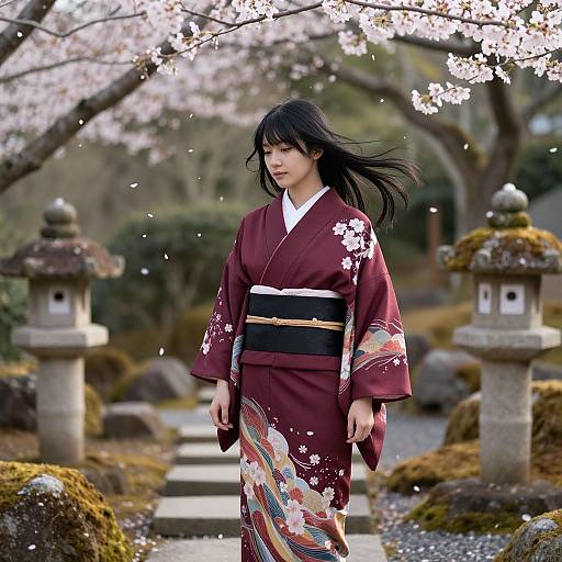 Young Woman in Maroon Kimono in Japanese Garden