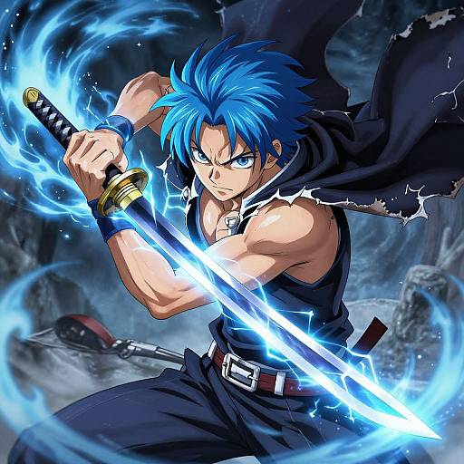 Blue-Haired Anime Warrior in Battle