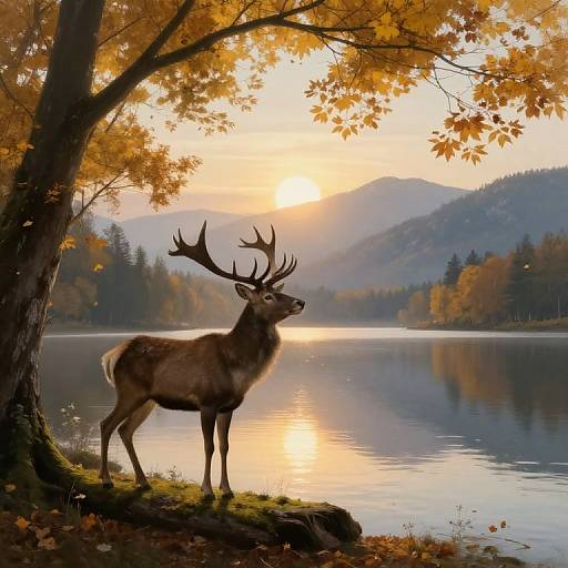 Photograph of a majestic stag with large antlers standing on a mossy lakeside, surrounded by autumn leaves and reflecting mountains at sunset.