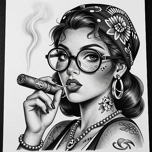 Black and white digital drawing of a tattooed woman with floral headscarf, round glasses, hoop earrings, and smoking a cigar.
