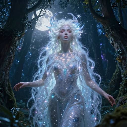 Digital fantasy artwork of a glowing, ethereal woman with long, flowing white hair and star-like lights, standing in a dark, enchanted forest under a
