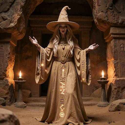 Photorealistic digital art of a blonde witch in a golden, rune-embroidered robe and hat, standing between two lit torches in a