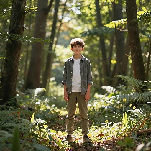 Confident Boy in Sunlit Forest