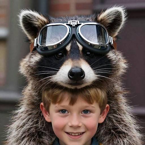 Mischievous Raccoon and Boy Portrait