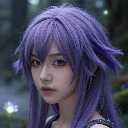 Digital portrait of an anime-style young woman with long, purple hair, blue eyes, and fair skin, set against a blurred, dark forest background.