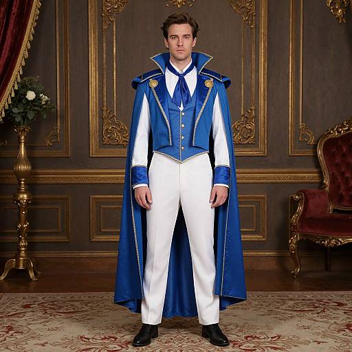 Photograph of a man in a blue and white regal outfit with gold trim, standing in an ornate, dark wood-paneled room.