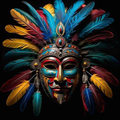 Ethereal Wooden Mask with Colorful Feathers Ethereal Wooden Mask with Colorful Feathers