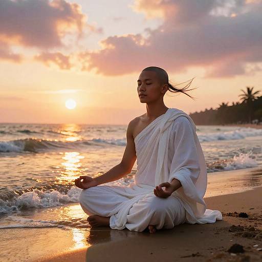 Serene Young Monk Meditating at Sunrise