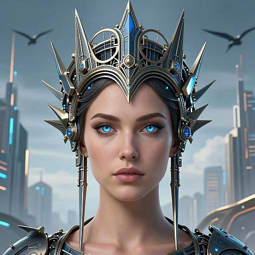 CGI portrait of a futuristic woman with glowing blue eyes, wearing an elaborate metallic crown with spikes, against a cityscape background.