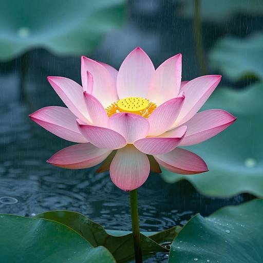 Photograph of a vibrant pink and white lotus flower with yellow center, standing in a dark, rain-filled pond, surrounded by green leaves.