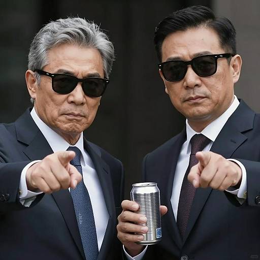 Two Men in Suits with Sunglasses Pointing Forward