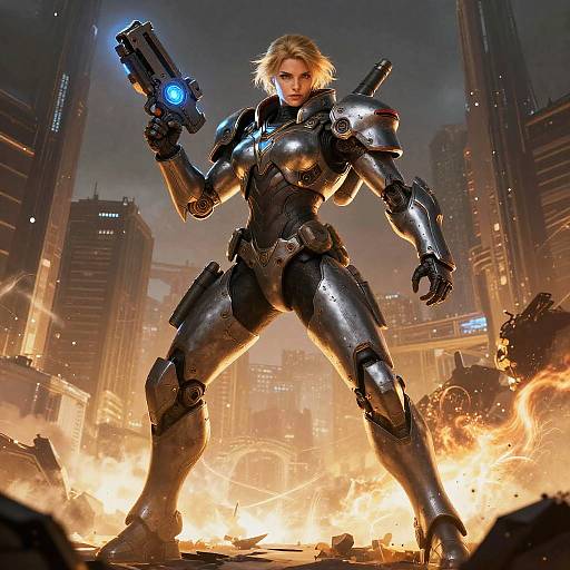 Futuristic Female Soldier in Armored Suit with Energy Weapon