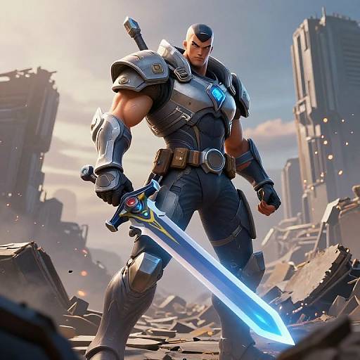 Digital artwork of a muscular, armored warrior with a glowing blue sword, standing in a ruined, sunlit cityscape. He has a stern expression and