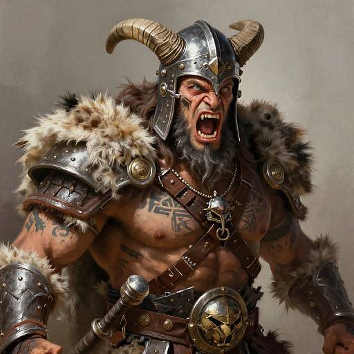 Digital art of a fierce, muscular warrior with horns, fur-trimmed armor, and tattoos, roaring angrily against a gray background.