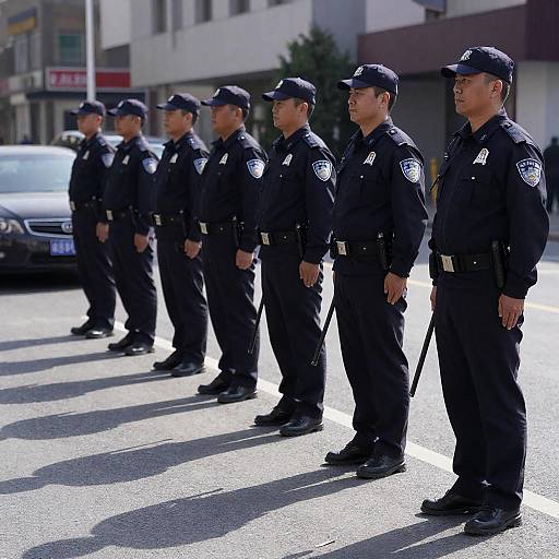 Sunlit Line of Uniformed Police Officers