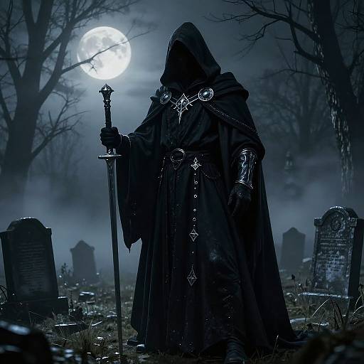 Photograph of a hooded, shadowy figure in dark, ornate robes holding a staff, standing under a full moon in a foggy,