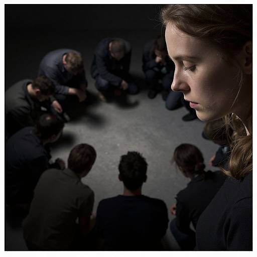 Photograph of a serious woman with brown hair in profile, surrounded by seated, shadowy men in dark clothing, forming a circular arrangement on a dim