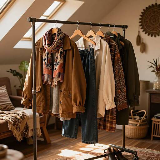 Photograph of a clothing rack with assorted jackets, scarves, and jeans in a sunlit attic room, featuring slanted windows and cozy decor.