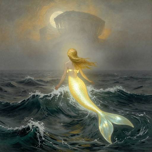 Digital painting of a glowing yellow mermaid with long blonde hair, swimming towards a mysterious, mist-covered island under a dim moon.