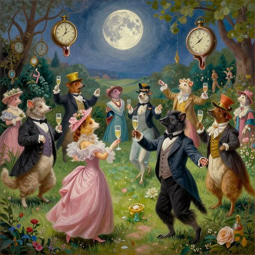 Whimsical digital painting of anthropomorphic animals in Victorian attire, dancing under a full moon, holding champagne glasses, surrounded by clocks and flowers.