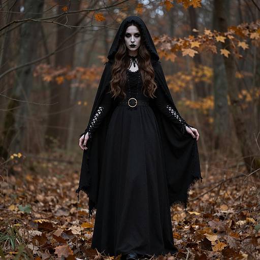Gothic Woman in Black Hooded Cape in Autumn Forest