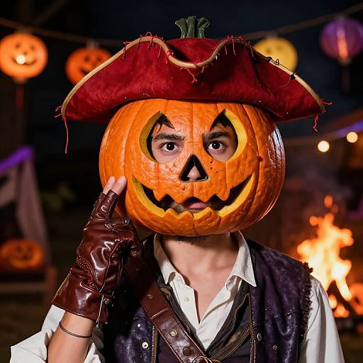 Photograph of a person wearing a carved pumpkin mask with a pirate hat, black vest, white shirt, and brown leather gloves, set against a dark