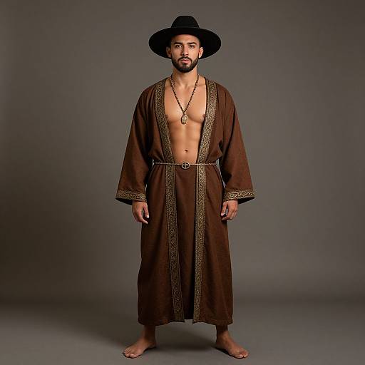 Photograph of a bearded man with dark skin and brown eyes, wearing a black wide-brimmed hat, brown robe with gold trim, and