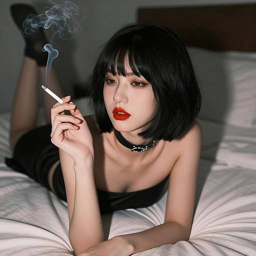 Woman with Black Bob Smoking on Bed