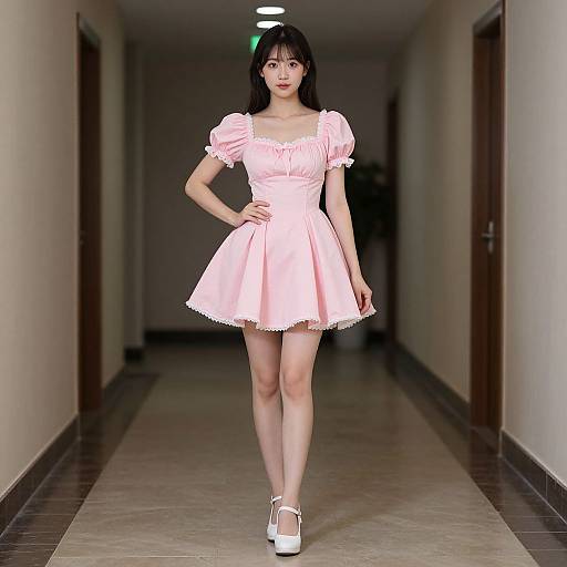 Photograph of an East Asian woman with straight black hair, wearing a pink puffed-sleeve dress, white Mary Jane shoes, standing confidently in