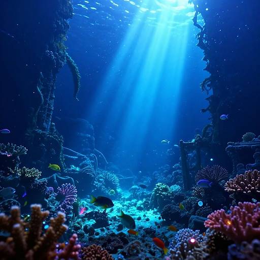 Photograph of vibrant underwater coral reef scene with blue sunlight rays filtering through, surrounded by colorful corals, fish, and marine life.