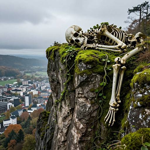 Photograph of a large skeletal structure with bones sprawling on a moss-covered cliff, overlooking a distant cityscape under a cloudy sky.
