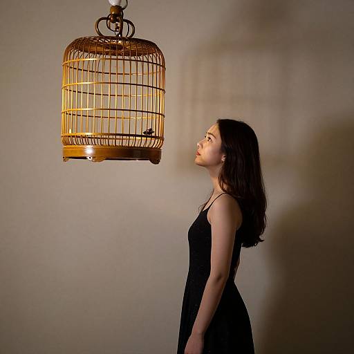 Photograph of a young woman in a black dress, gazing upward at a warmly lit, wooden birdcage hanging in a shadowy room.