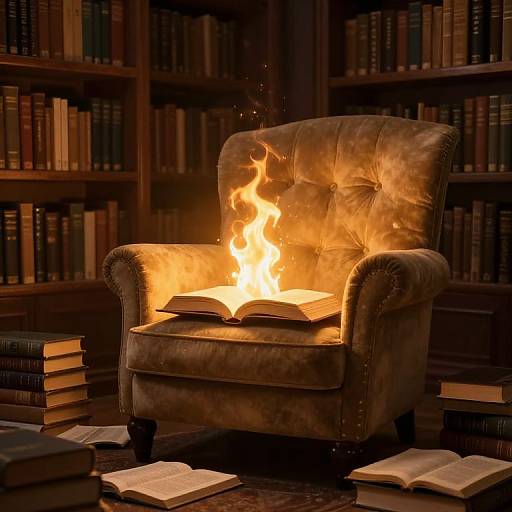 Photograph of a brown, tufted leather armchair with flames burning on its seat, surrounded by open books and stacked volumes in a dimly