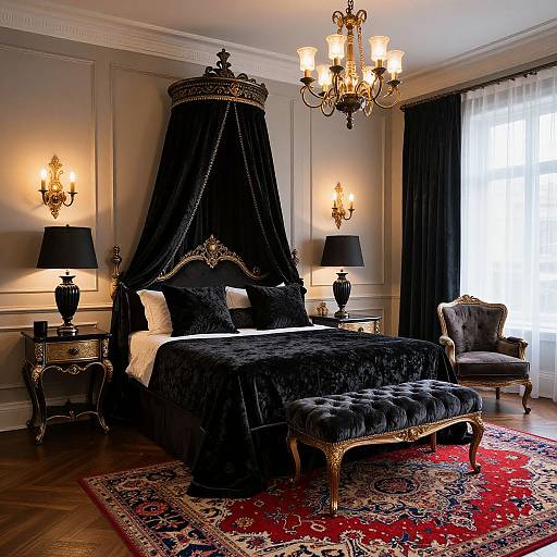 Luxurious Victorian bedroom with black velvet canopy bed, ornate gold chandelier, black lamps, red patterned rug, and upholstered bench.