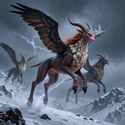Fantastic Creatures Flying Over Snowy Mountains
