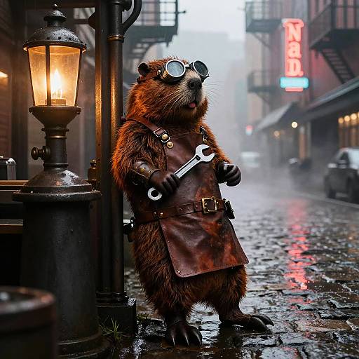 Steampunk Beaver Engineer in Noir City