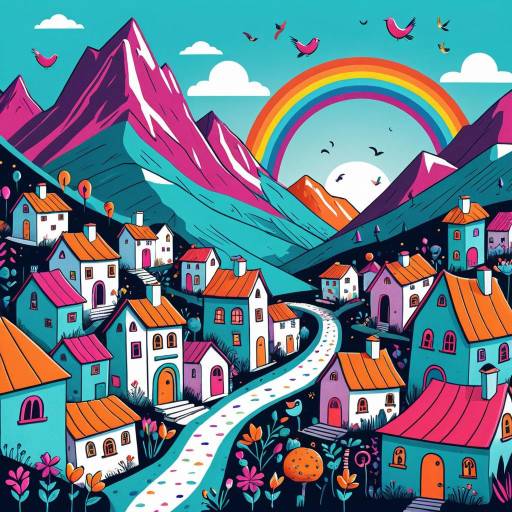 Colorful Whimsical Mountain Village Illustration