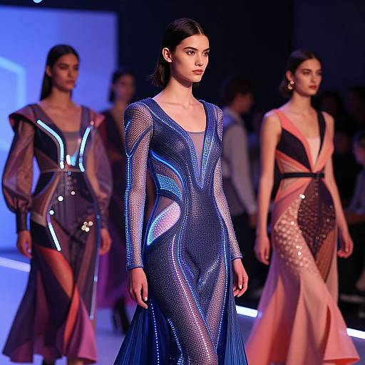 Photograph of a fashion runway show featuring three models in glowing, sequined dresses; central model wears a blue, long-sleeve gown with light