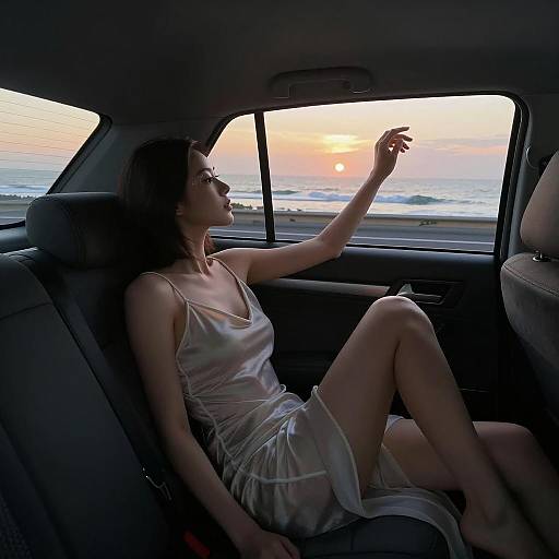 Woman Reclining in Car at Sunset