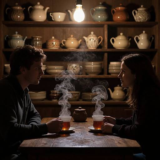 Photograph of a dimly lit tea shop, man and woman facing each other, both with steaming cups, shelves of colorful teapots and