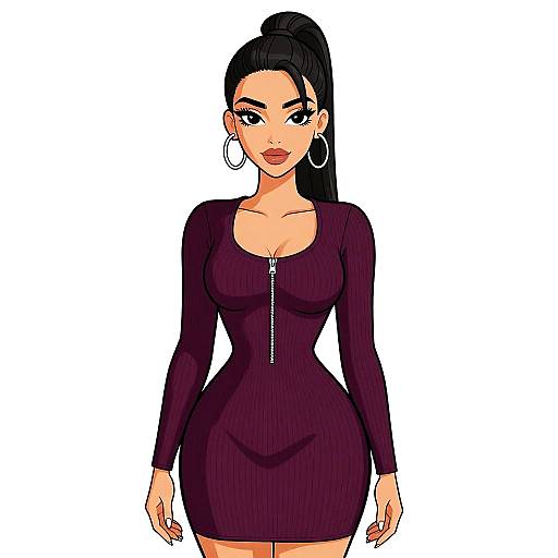 Digital illustration of a confident woman with long black hair in a high ponytail, wearing a form-fitting, long-sleeve, dark purple dress
