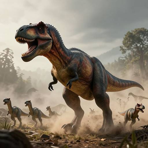 Photorealistic digital art of a large, roaring, green and orange Tyrannosaurus Rex leading a herd of smaller, running dinosaurs through a mist
