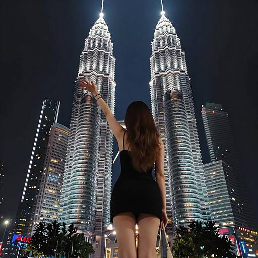 Woman in Black Dress at Night with Petronas Towers