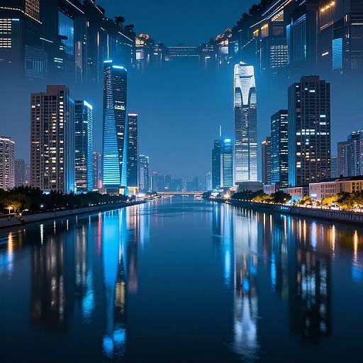 Nighttime photograph of a futuristic cityscape with illuminated skyscrapers reflecting on a calm river, blue and white lights, and a serene, urban atmosphere