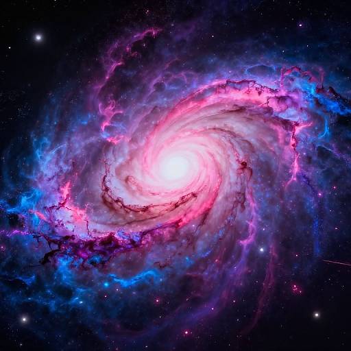 Photograph of a vibrant spiral galaxy with a bright white core, surrounded by swirling pink, purple, and blue nebulae against a dark, star