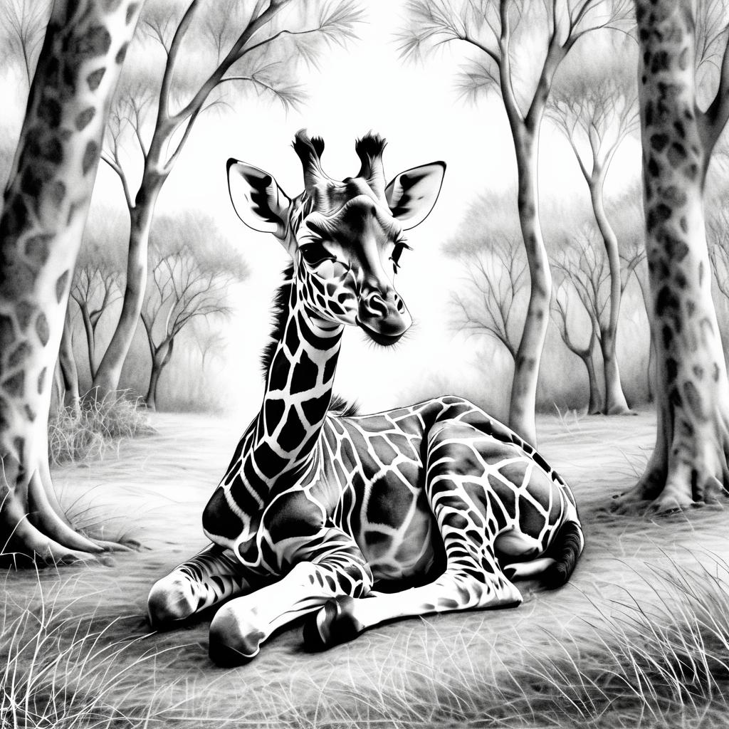 Intricate Black and White Giraffe Sketch