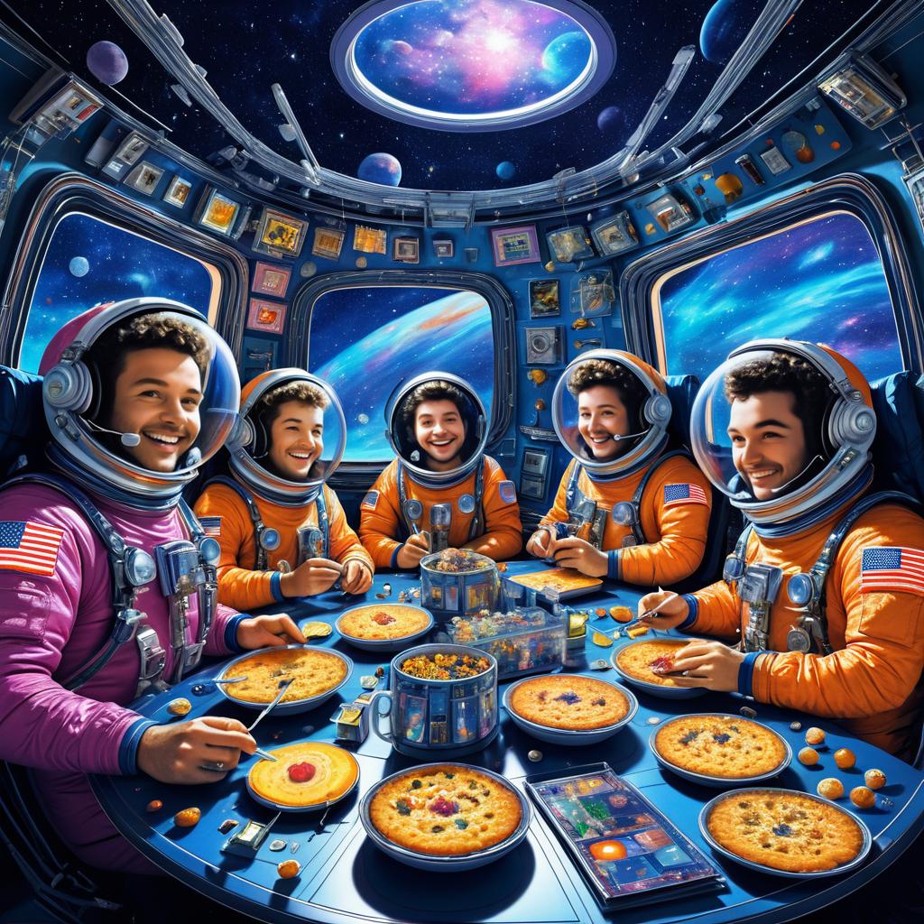 Cheerful Astronauts Enjoy Late-Night Snacks